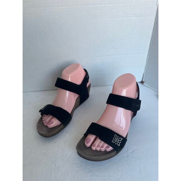 Mephisto Crystal Black Vic Spark Cork Wedge Adjustable Closure Comfort Sandals 8 - Picture 1 of 12